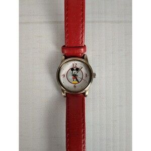Disney Mickey Mouse Watch Seiko Quartz Red Leather Band Needs Battery